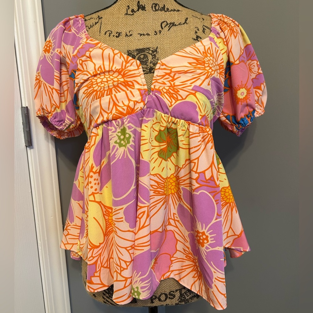 Multicolored Floral Babydoll Puff Sleeve Top